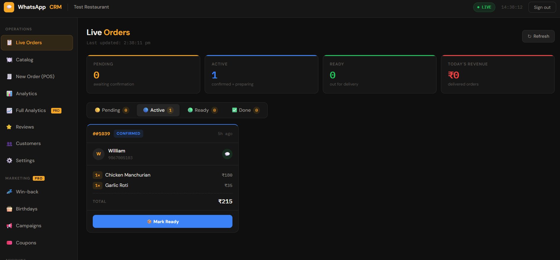 WhatsApp CRM - Live Orders